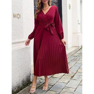 Elegant Pleated Chiffon Burgundy Red Flounce Sleeve Maxi Dress Longline V-Neck